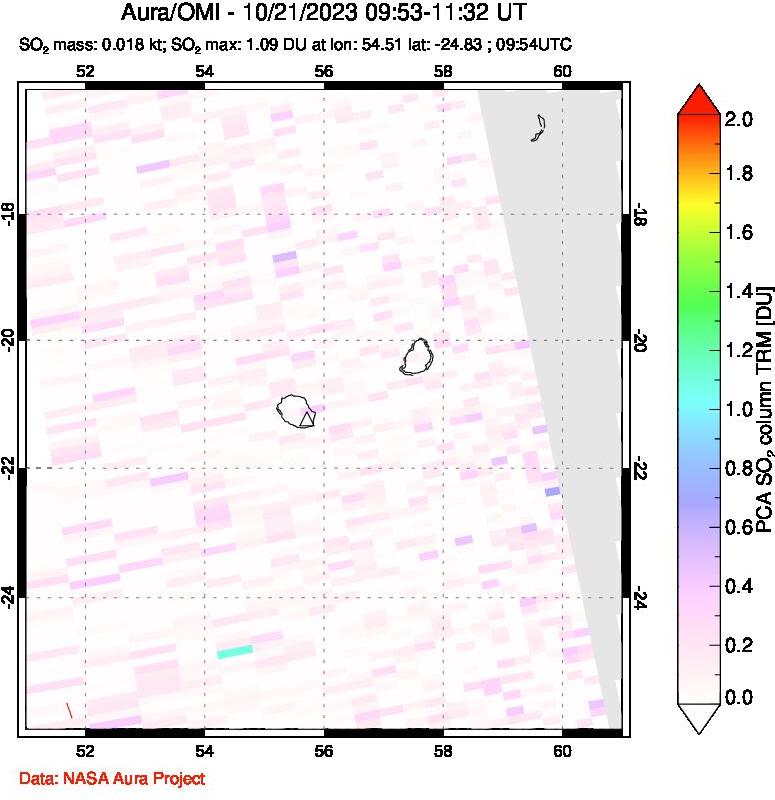 A sulfur dioxide image over Reunion Island, Indian Ocean on Oct 21, 2023.