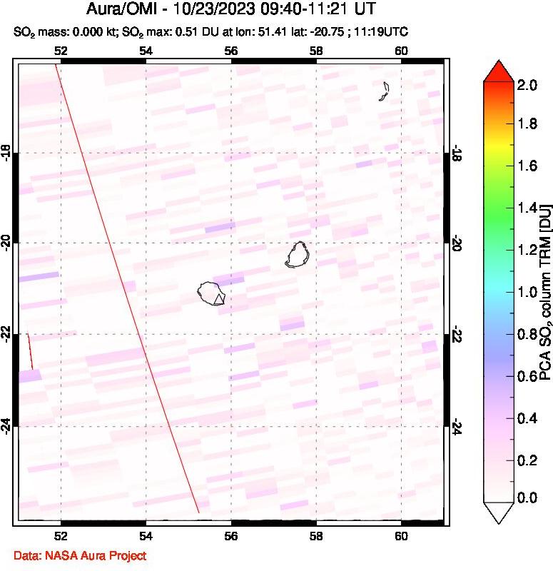 A sulfur dioxide image over Reunion Island, Indian Ocean on Oct 23, 2023.