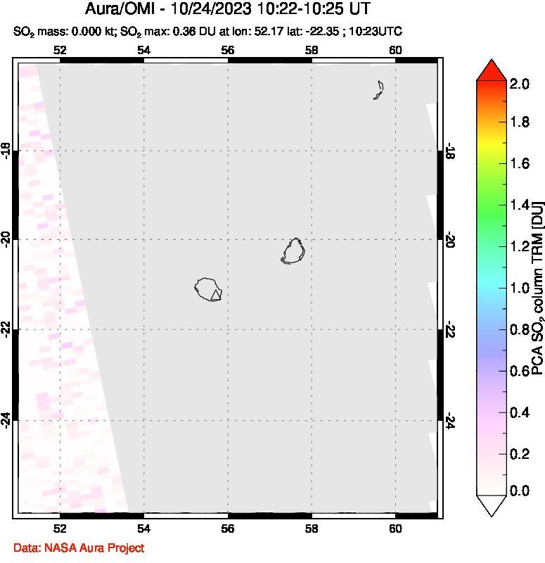 A sulfur dioxide image over Reunion Island, Indian Ocean on Oct 24, 2023.