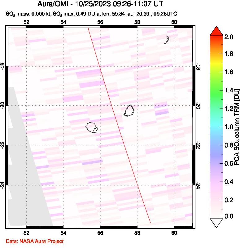 A sulfur dioxide image over Reunion Island, Indian Ocean on Oct 25, 2023.