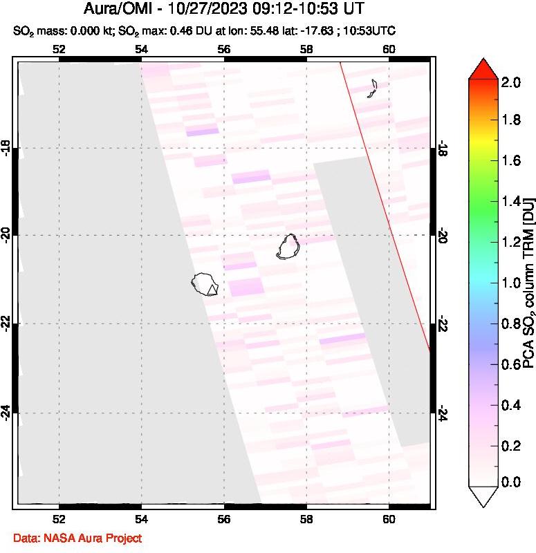 A sulfur dioxide image over Reunion Island, Indian Ocean on Oct 27, 2023.