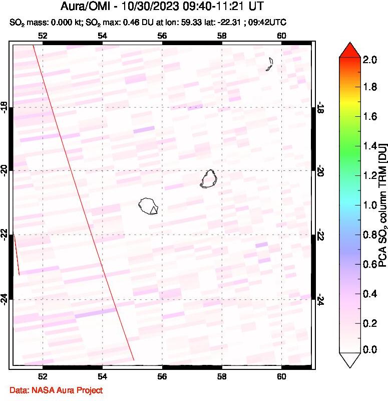 A sulfur dioxide image over Reunion Island, Indian Ocean on Oct 30, 2023.