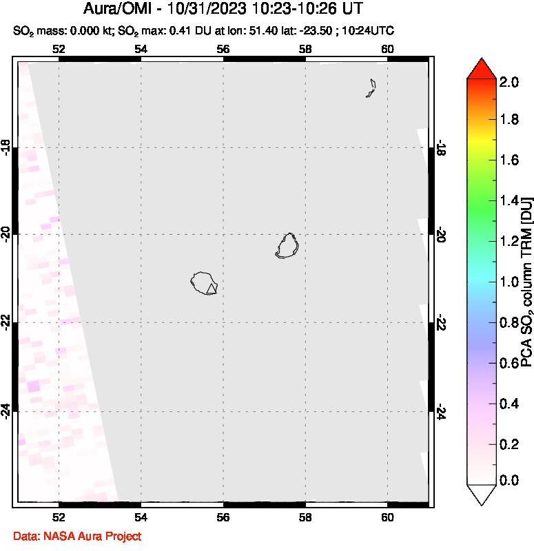 A sulfur dioxide image over Reunion Island, Indian Ocean on Oct 31, 2023.