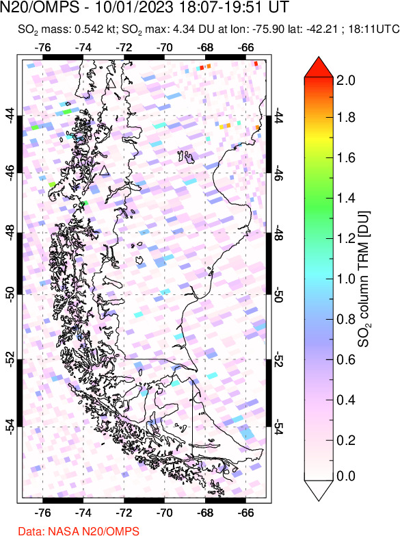 A sulfur dioxide image over Southern Chile on Oct 01, 2023.