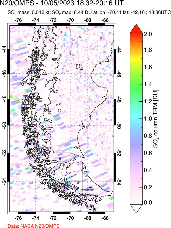 A sulfur dioxide image over Southern Chile on Oct 05, 2023.