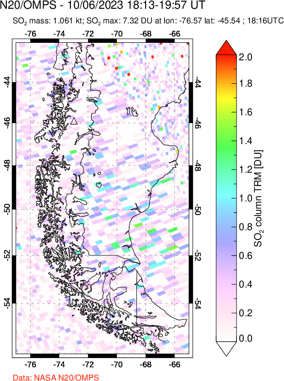 A sulfur dioxide image over Southern Chile on Oct 06, 2023.