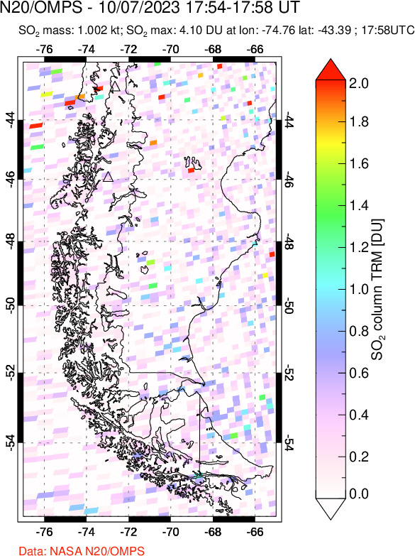 A sulfur dioxide image over Southern Chile on Oct 07, 2023.