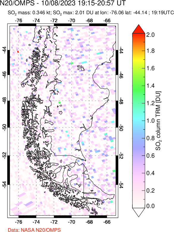 A sulfur dioxide image over Southern Chile on Oct 08, 2023.