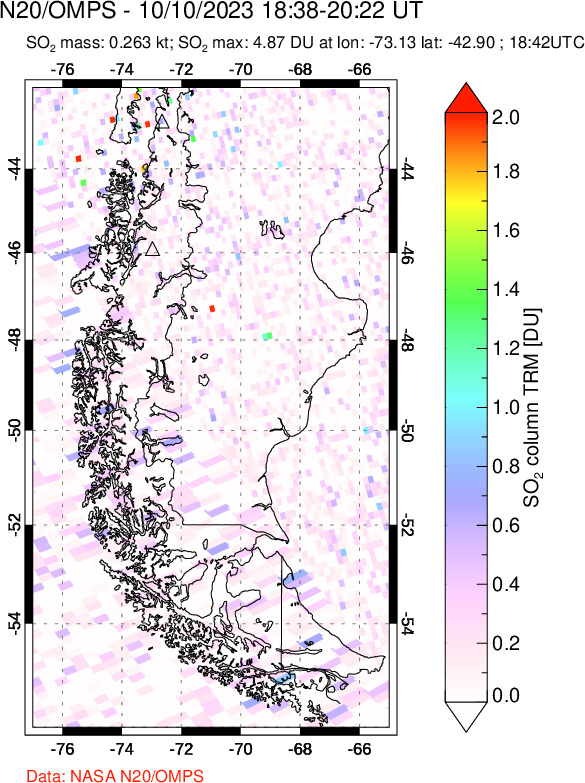 A sulfur dioxide image over Southern Chile on Oct 10, 2023.