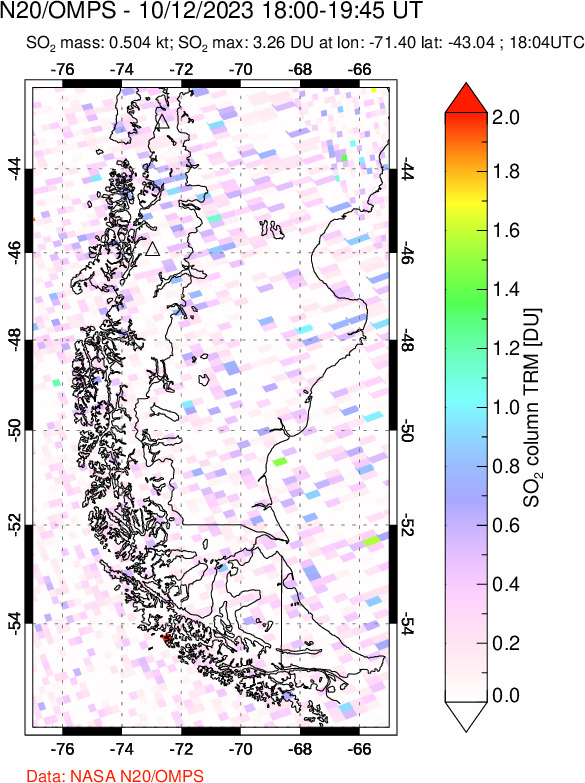 A sulfur dioxide image over Southern Chile on Oct 12, 2023.