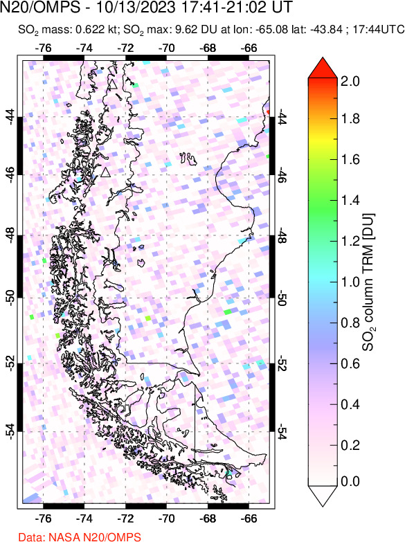 A sulfur dioxide image over Southern Chile on Oct 13, 2023.