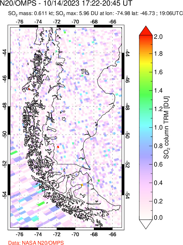 A sulfur dioxide image over Southern Chile on Oct 14, 2023.