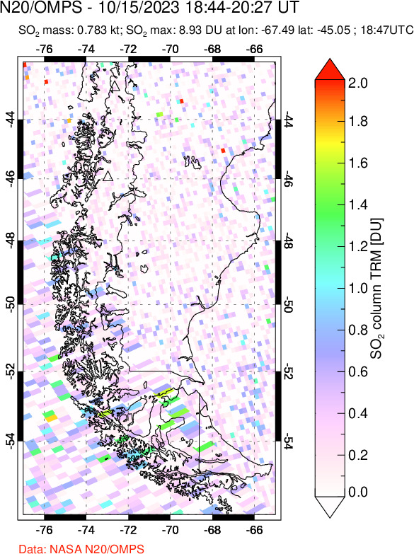 A sulfur dioxide image over Southern Chile on Oct 15, 2023.