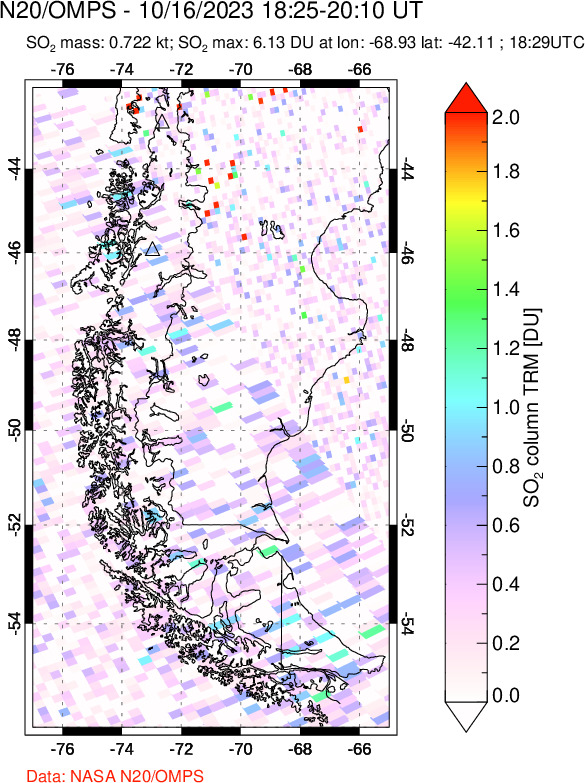 A sulfur dioxide image over Southern Chile on Oct 16, 2023.