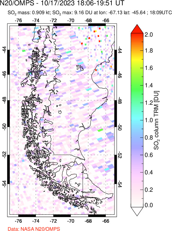 A sulfur dioxide image over Southern Chile on Oct 17, 2023.