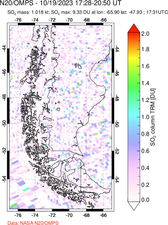 A sulfur dioxide image over Southern Chile on Oct 19, 2023.