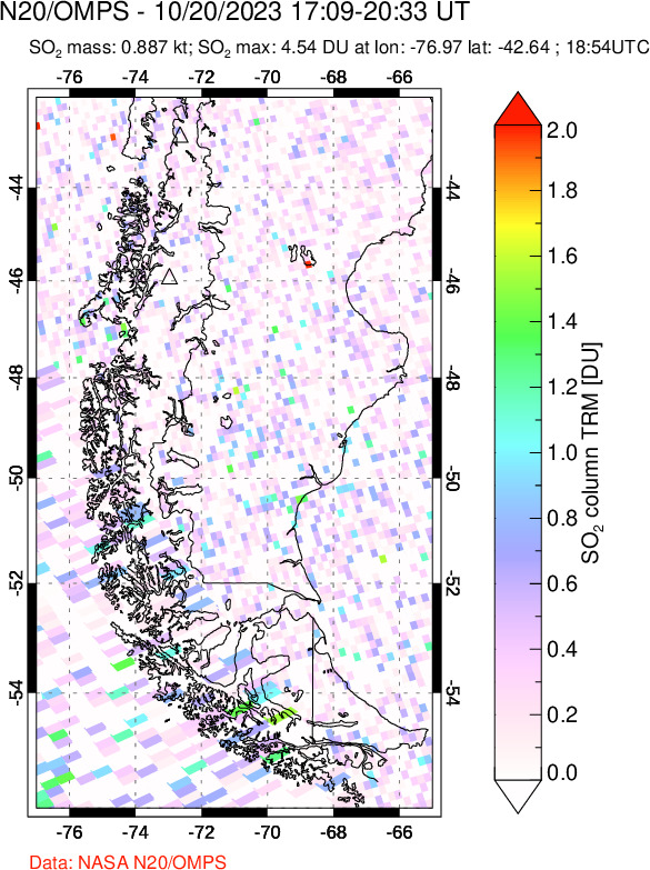 A sulfur dioxide image over Southern Chile on Oct 20, 2023.