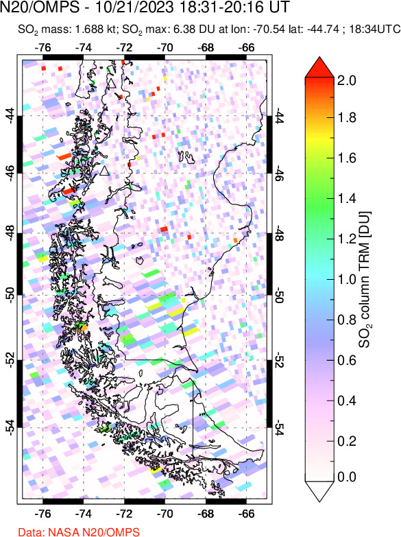 A sulfur dioxide image over Southern Chile on Oct 21, 2023.