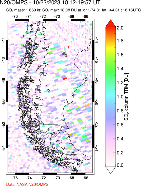 A sulfur dioxide image over Southern Chile on Oct 22, 2023.