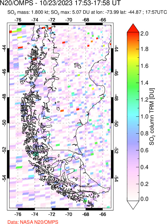 A sulfur dioxide image over Southern Chile on Oct 23, 2023.