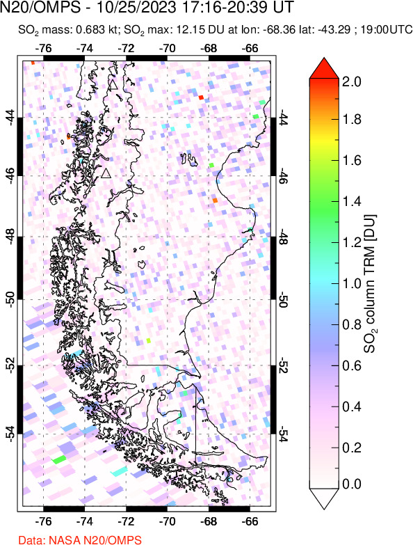 A sulfur dioxide image over Southern Chile on Oct 25, 2023.