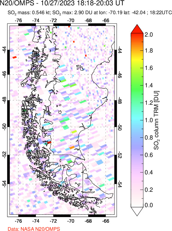 A sulfur dioxide image over Southern Chile on Oct 27, 2023.