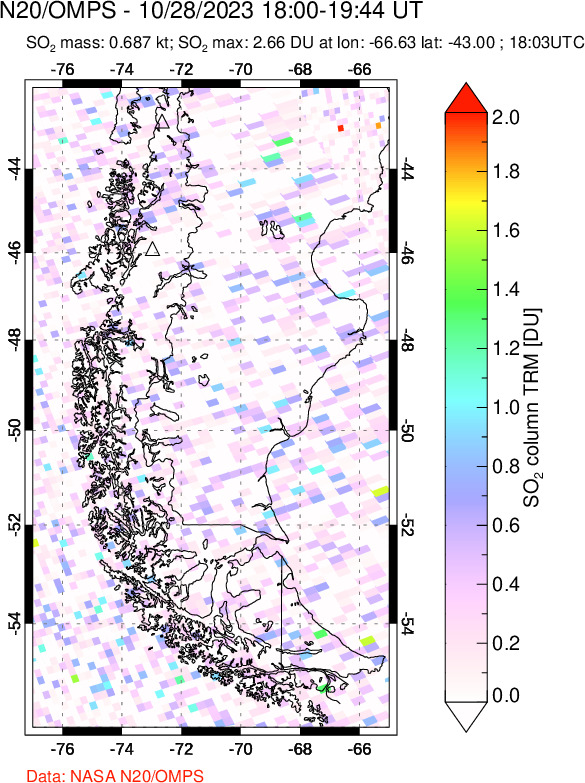 A sulfur dioxide image over Southern Chile on Oct 28, 2023.