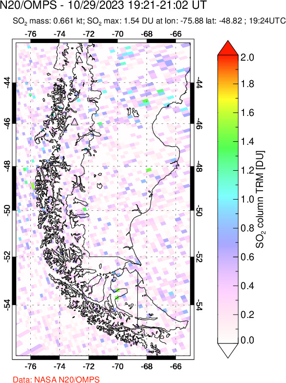 A sulfur dioxide image over Southern Chile on Oct 29, 2023.