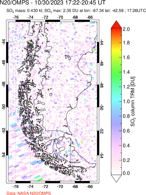 A sulfur dioxide image over Southern Chile on Oct 30, 2023.