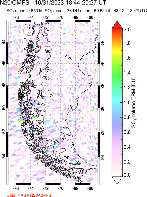 A sulfur dioxide image over Southern Chile on Oct 31, 2023.