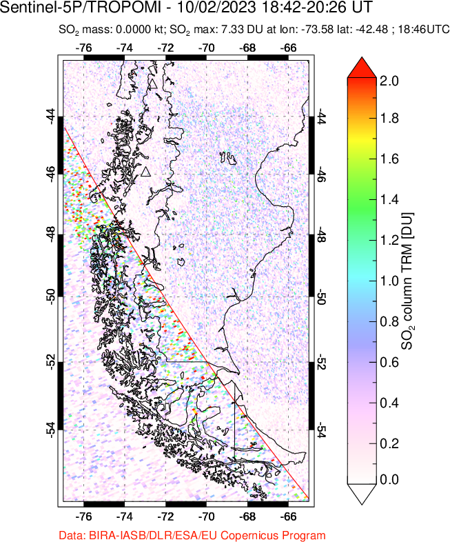 A sulfur dioxide image over Southern Chile on Oct 02, 2023.