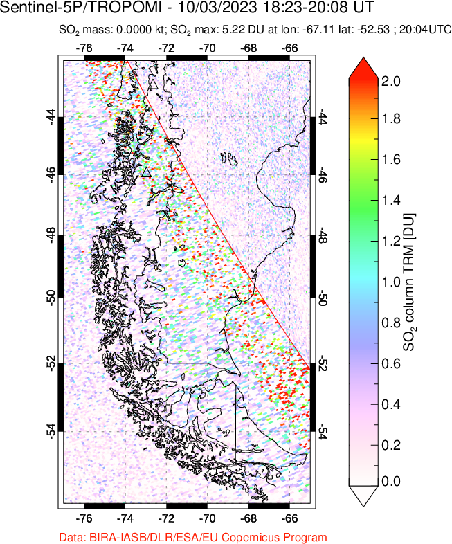 A sulfur dioxide image over Southern Chile on Oct 03, 2023.