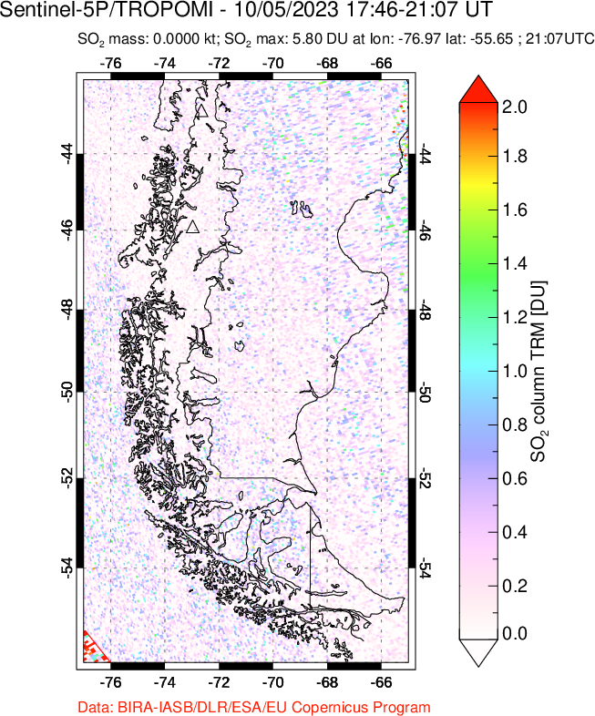 A sulfur dioxide image over Southern Chile on Oct 05, 2023.