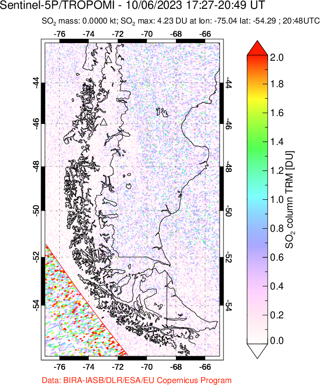 A sulfur dioxide image over Southern Chile on Oct 06, 2023.