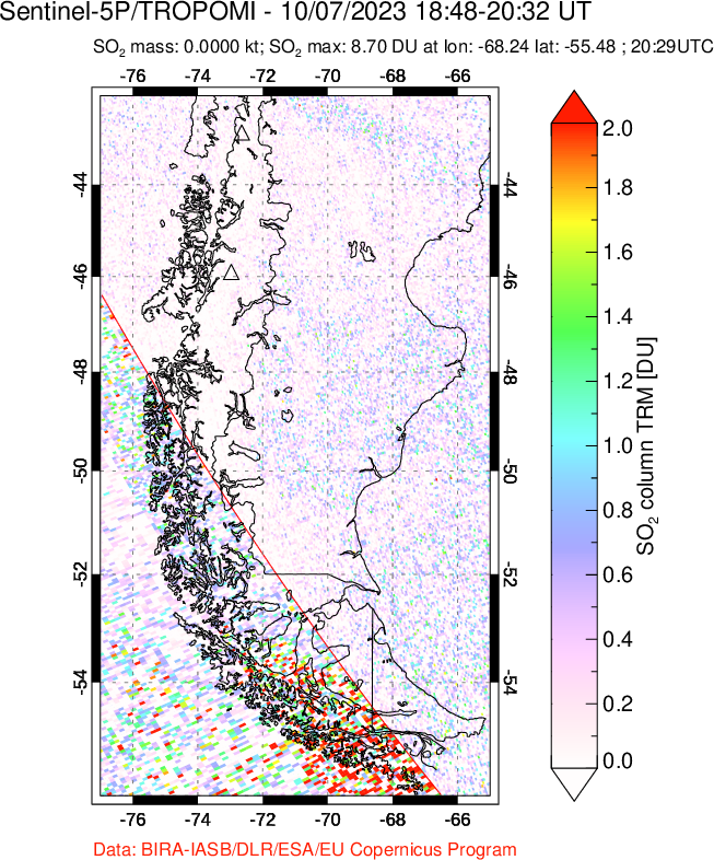 A sulfur dioxide image over Southern Chile on Oct 07, 2023.