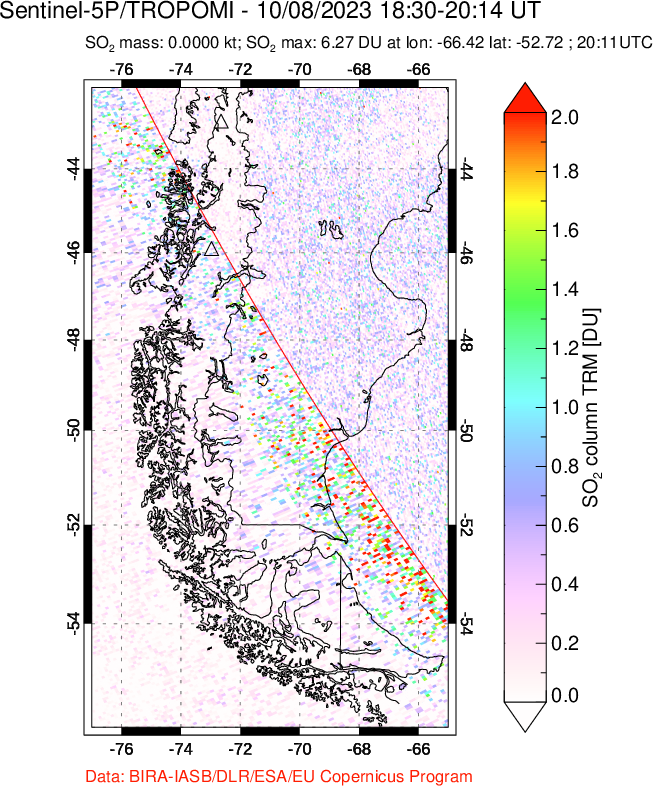 A sulfur dioxide image over Southern Chile on Oct 08, 2023.