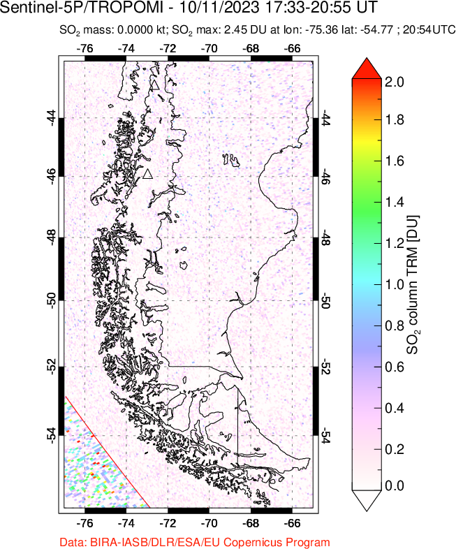 A sulfur dioxide image over Southern Chile on Oct 11, 2023.