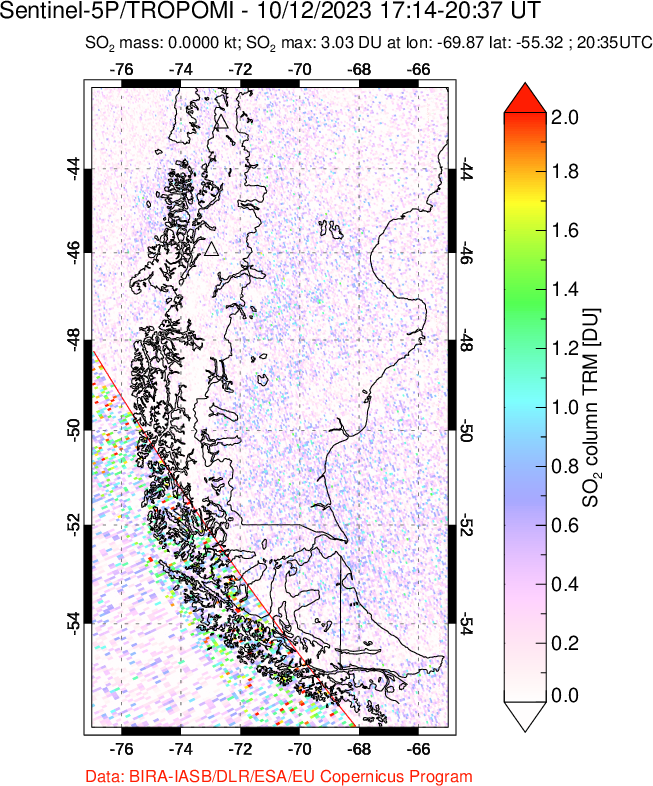 A sulfur dioxide image over Southern Chile on Oct 12, 2023.