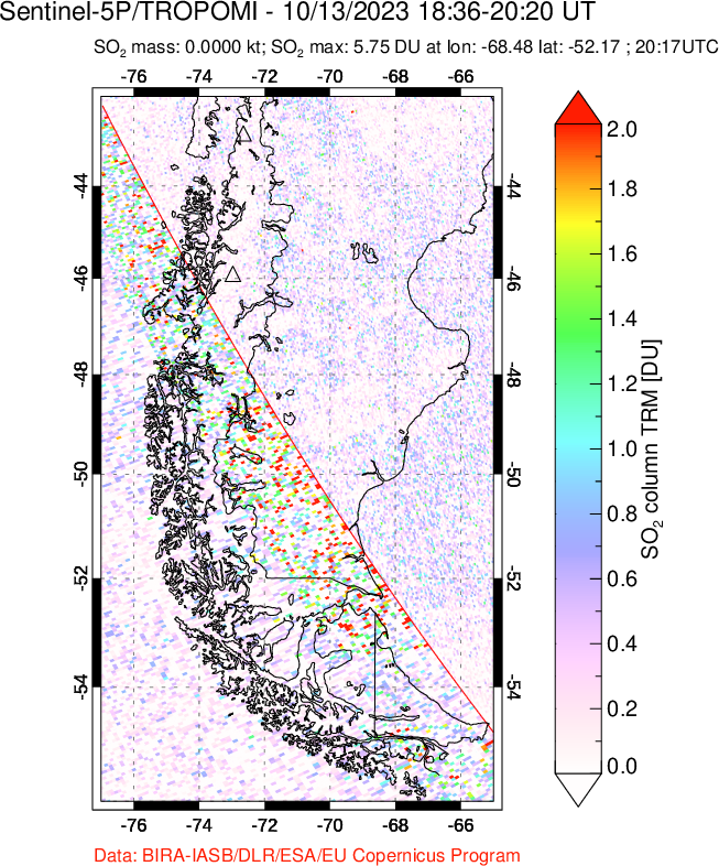 A sulfur dioxide image over Southern Chile on Oct 13, 2023.