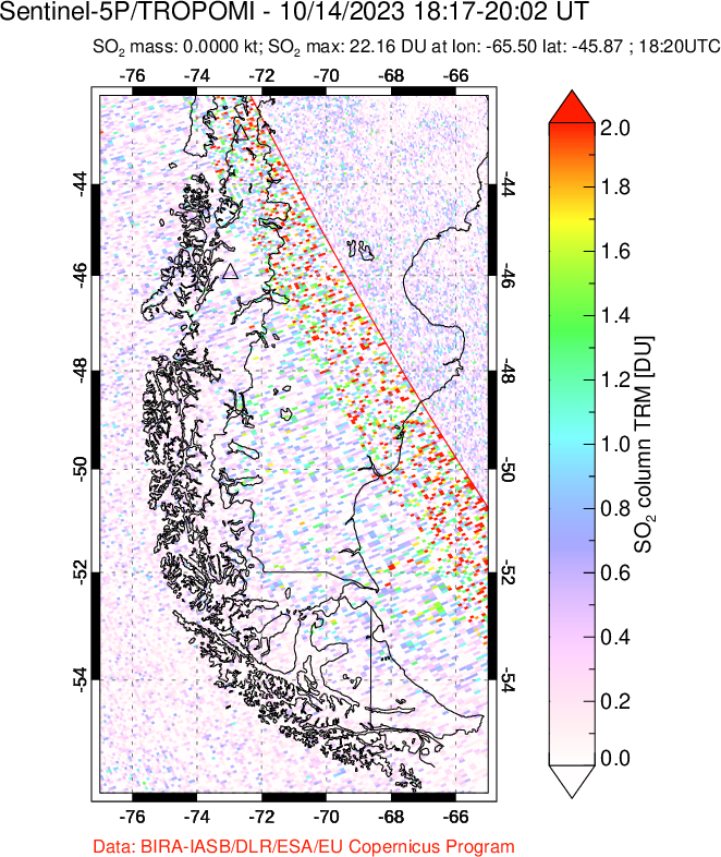 A sulfur dioxide image over Southern Chile on Oct 14, 2023.