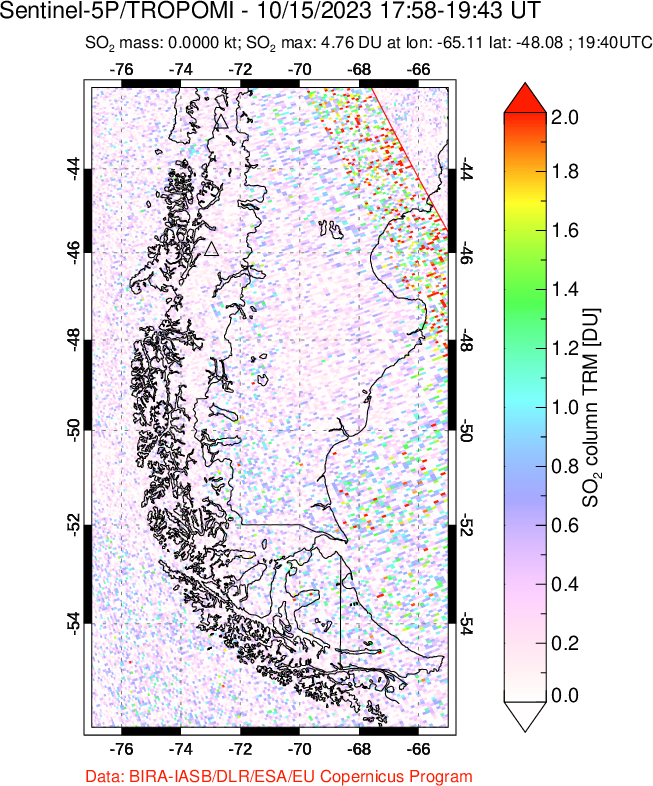 A sulfur dioxide image over Southern Chile on Oct 15, 2023.