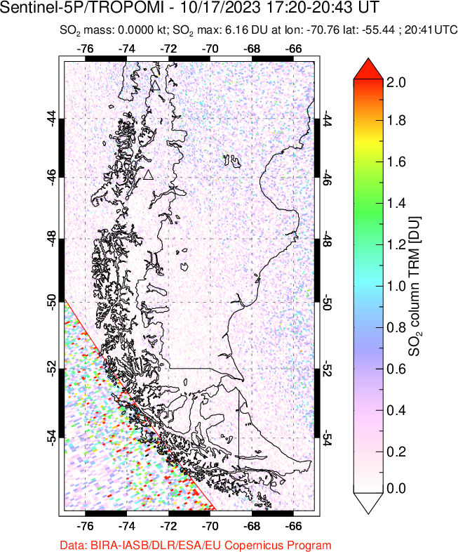 A sulfur dioxide image over Southern Chile on Oct 17, 2023.