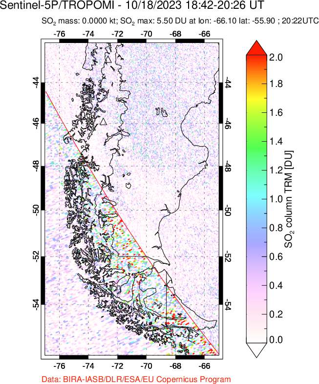 A sulfur dioxide image over Southern Chile on Oct 18, 2023.