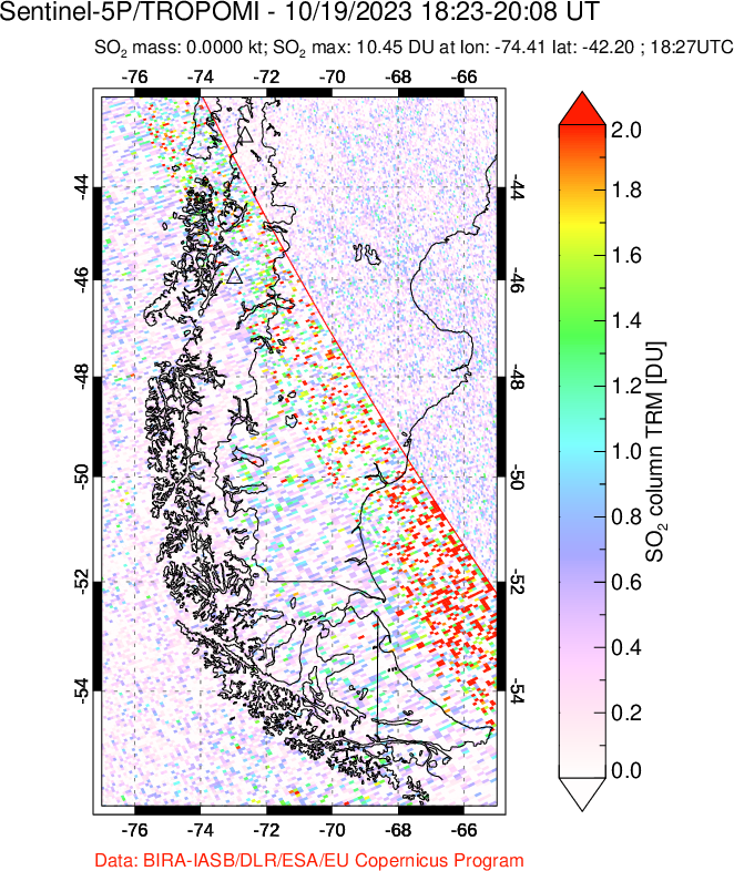 A sulfur dioxide image over Southern Chile on Oct 19, 2023.