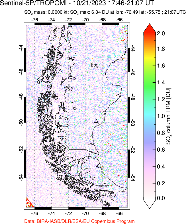 A sulfur dioxide image over Southern Chile on Oct 21, 2023.