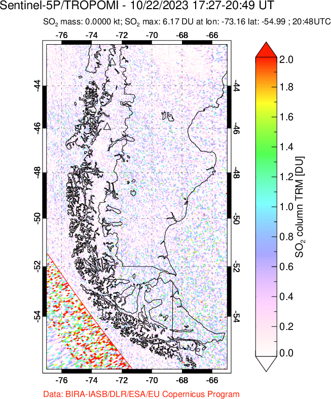 A sulfur dioxide image over Southern Chile on Oct 22, 2023.