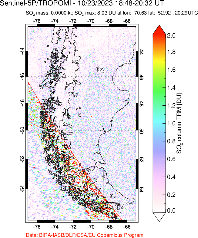 A sulfur dioxide image over Southern Chile on Oct 23, 2023.