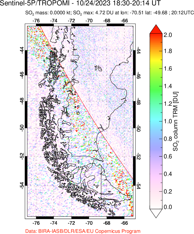 A sulfur dioxide image over Southern Chile on Oct 24, 2023.