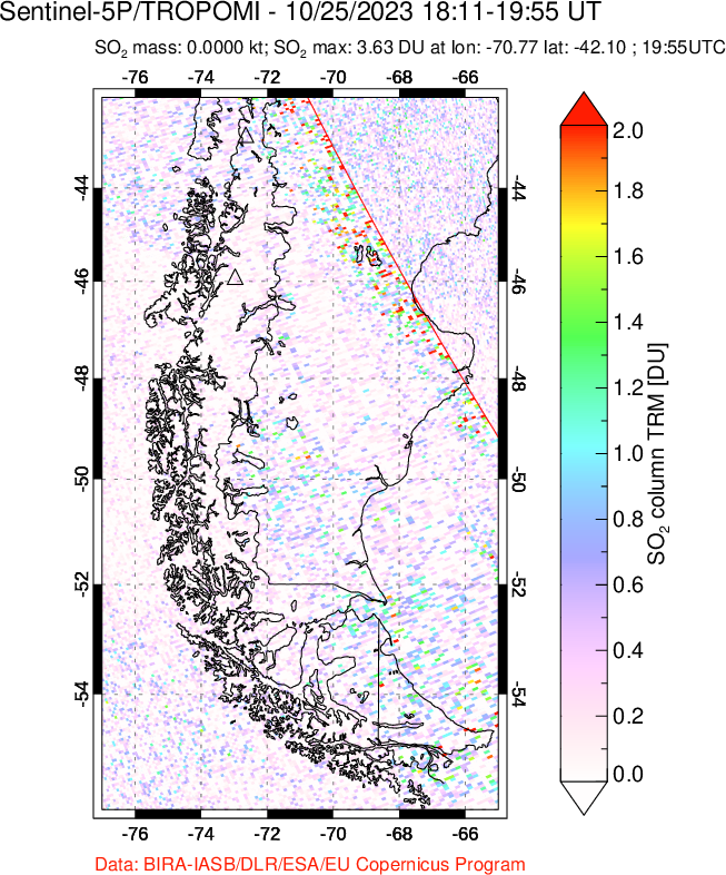 A sulfur dioxide image over Southern Chile on Oct 25, 2023.