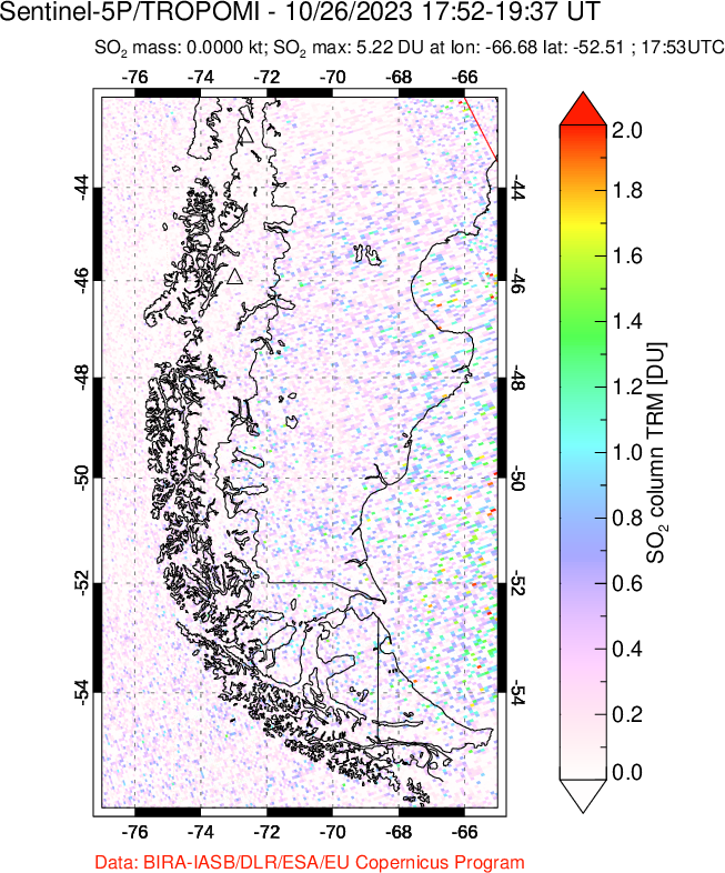 A sulfur dioxide image over Southern Chile on Oct 26, 2023.